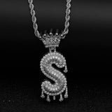 White Gold Crowned Drop CZ Initial Necklace