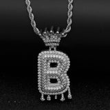 White Gold Crowned Drop CZ Initial Necklace