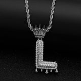 White Gold Crowned Drop CZ Initial Necklace