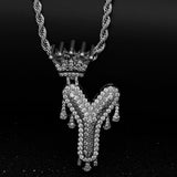 White Gold Crowned Drop CZ Initial Necklace