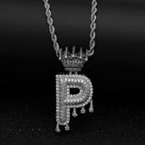 White Gold Crowned Drop CZ Initial Necklace