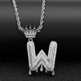 White Gold Crowned Drop CZ Initial Necklace
