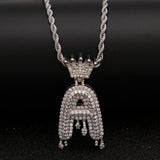 White Gold Crowned Drop CZ Initial Necklace